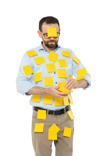 Gerd Beidernikl beklebt mit Post Its Gerd Beidernikl ist am ganzen Körper beklebt mit gelben leeren Post Its. Sie kleben auf seiner Hose am Hemd, Gürtel und sogar mitten auf der Stirn.